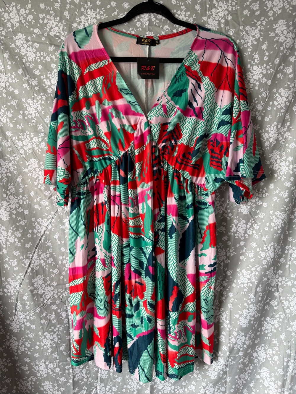 R&B Collection V-Neck Midi Dress in Red, Pink & Mint Floral